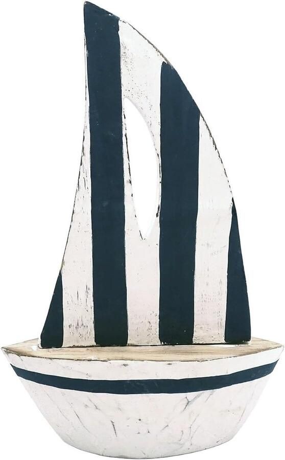 Decoratieve Zeilboot Houten Boot Figuur Maritieme Decoratie Handbeschilderde Strepen 16 x 55 x Blauw-Wit