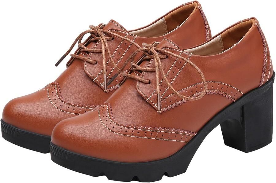 Derbyschoenen voor dames blokhak veterschoenen pumps geklede schoenen Bruin