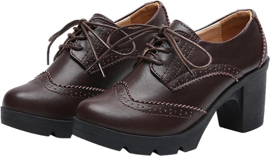Derbyschoenen voor dames blokhak veterschoenen pumps geklede schoenen Koffie