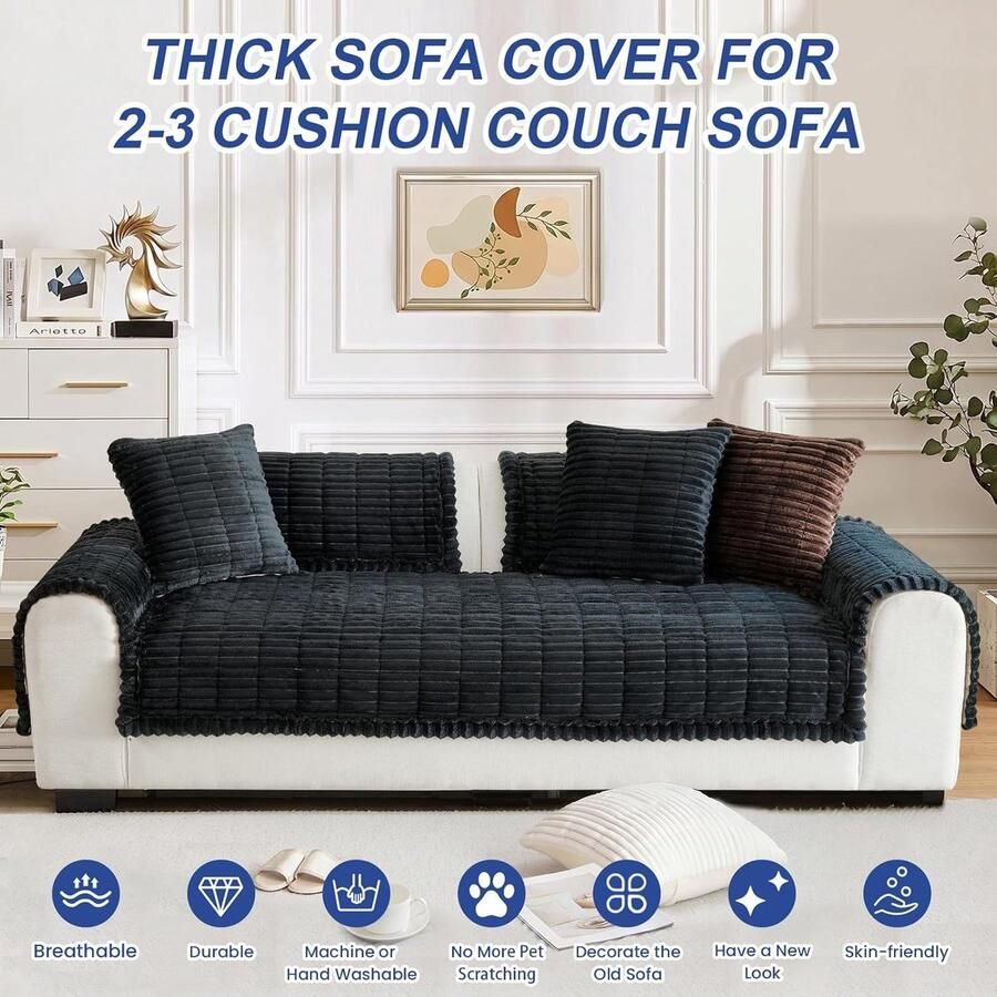Dikke bankhoes wasbaar Nieuwe zachte corduroy universele bankhoezen 2 3 4-zits antislip bankhoezen banksloezen zithoezen meubelprotector voor woonkamer (Zwart 70x