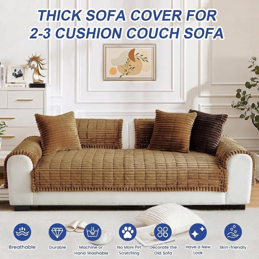 Dikke bankhoes wasbaar Nieuwe zachte corduroy universele bankhoezen 2 3 of 4 zits antislip bankhoezen stoelhoezen meubelbeschermer voor woonkamer (Bruin 90 x
