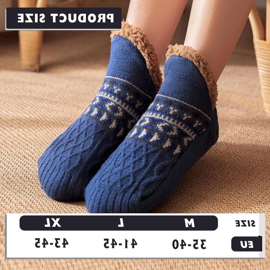 Dikke gebreide warme sloffen met fleece voering voor en antislip ideaal voor thuis yoga en sport (Navy Blauw)