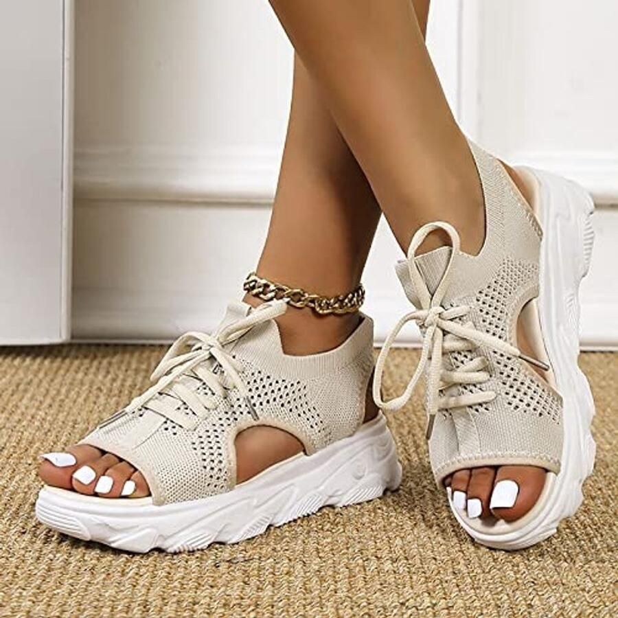 Dikke Zool Mesh Sandalen Platte Bodem Beige - Foto 1