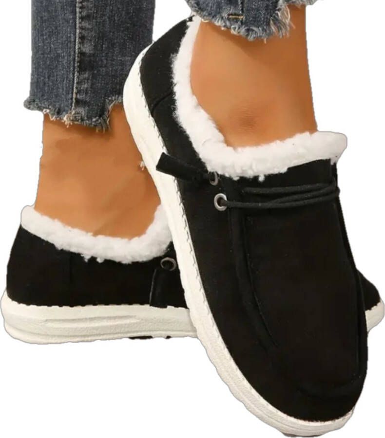 Dilena fashion Pluche loafers schoenen zwart met pluche voering