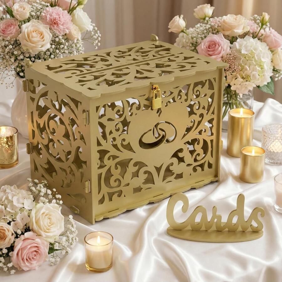 DIY-trouwkaartendoos met slot grote spaarpothouder met kaartbord voor huwelijksreceptie (goud)