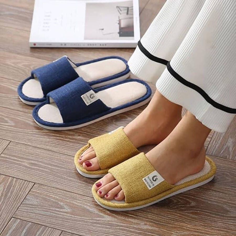 Donkerblauwe Uniseks Slippers met Geheugenschuim Zacht & Warm Antislip Binnenshuis Pantoffels van Linnen-Katoen Mix