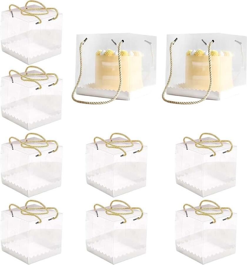 Doosjes voor snoep 10 stuks 14 x 14 x taartdoos met handvat en basis transparante dozen van voedselveilig PET voor snoep verjaardagen macarons en cupcakes