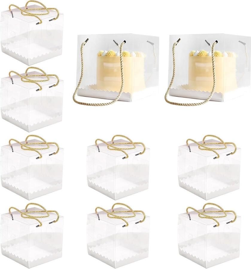 Doosjes voor snoep 10 stuks 14 x 14 x taartdoos met handvat en basis transparante dozen van voedselveilig PET voor snoep verjaardagen macarons en cupcakes