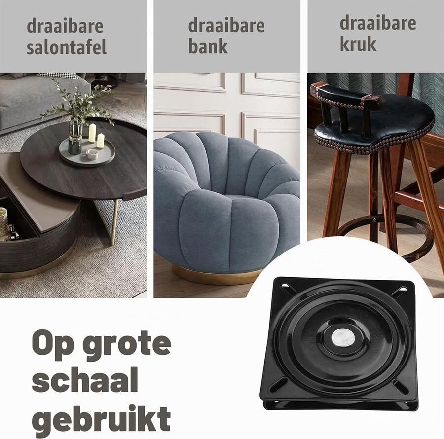 Draaibeslag voor zware belasting 6 inch draaibeslag 360° draaiplateau 156 x 156 x 23 mm metalen draaiplaat vervanging 150 kg draagkracht voor tentoonstellingsstandaarden en boekenplanken zwart