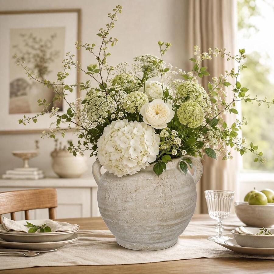Dubbele Handvat Cement Vaas Decoratieve Keramische Bloem Vazen Vintage Amphora Boerderij Aardewerk Vazen Boho Rustieke Vaas voor Gedroogde Bloemen Pampas Gras Tafel Centrepiece Home