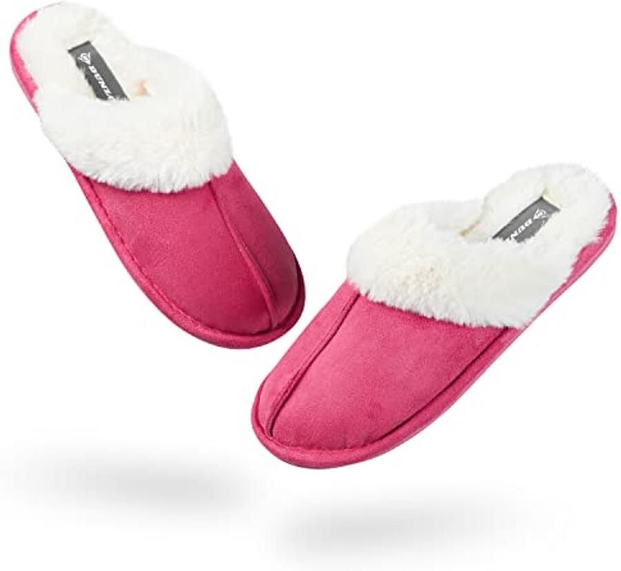 DUNLOP Damespantoffels met traagschuim pluizige bontvoering antislip instapschoenen