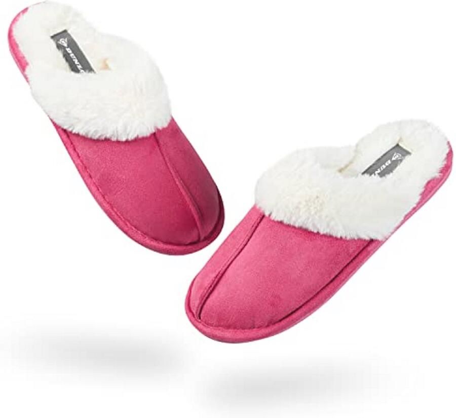 DUNLOP Damespantoffels met traagschuim pluizige bontvoering antislip instapschoenen