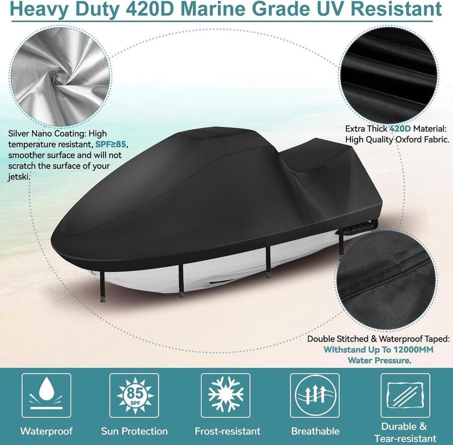 Duurzame 420D Jetski-hoes 3-zits waterdicht verbeterde Waverunner Cover met 2 ventilatieopeningen 4 winddichte gespen universele hoes voor alle weersomstandigheden voor Seadoo (zwart