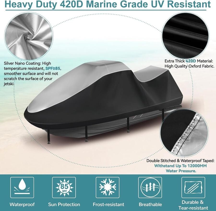 Duurzame 420D Jetski-hoes 3-zits waterdicht verbeterde Waverunner-hoes met 2 ventilatieopeningen 4 winddichte gespen universele hoes voor alle weersomstandigheden voor Seadoo