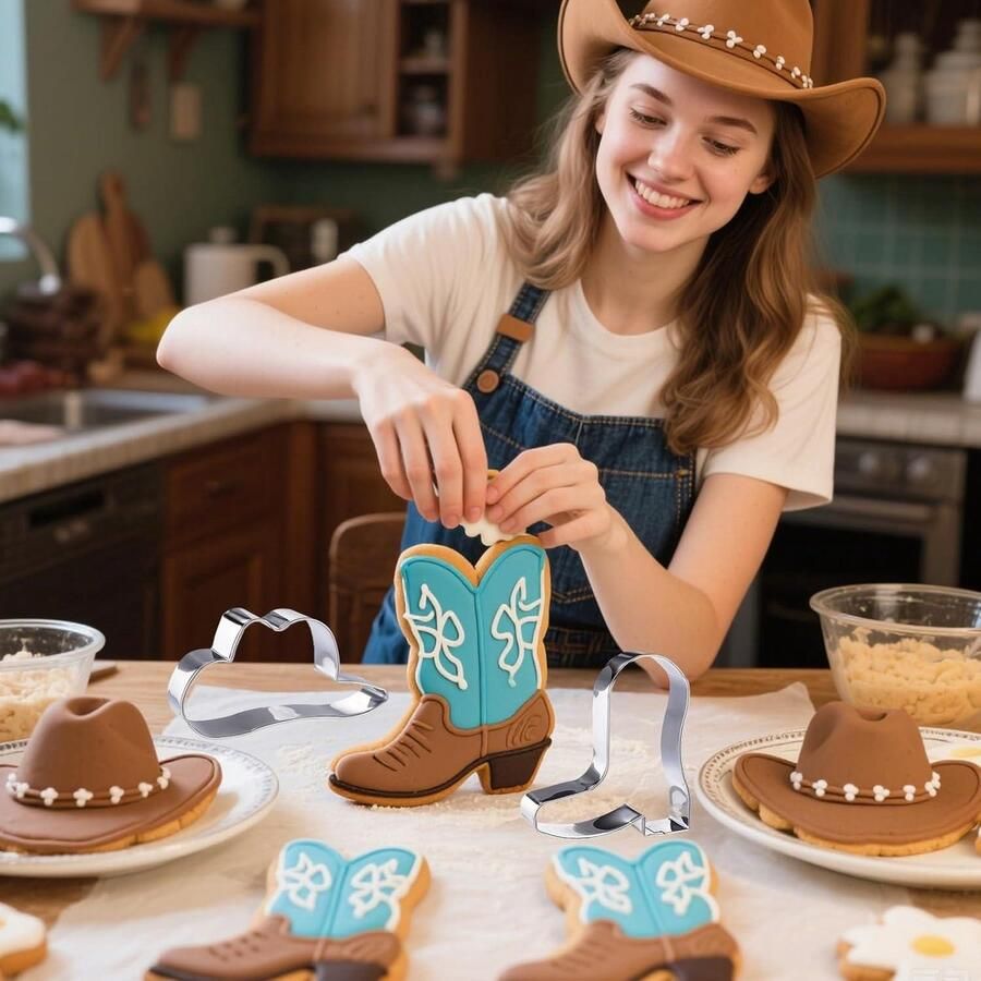 EGoods 2-delige cowboy koekjesvormpjes set voor het maken van dessert en brood Cowboylaarzen en koeienhoed thema keukengereedschap met fondant optie
