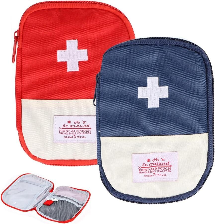 EHBO-tas klein 2 stuks EHBO-set lege EHBO-tas kleine medicijntas voor onderweg mini-EHBO-tas leeg reis-apotheektas waterdicht blauw en rood
