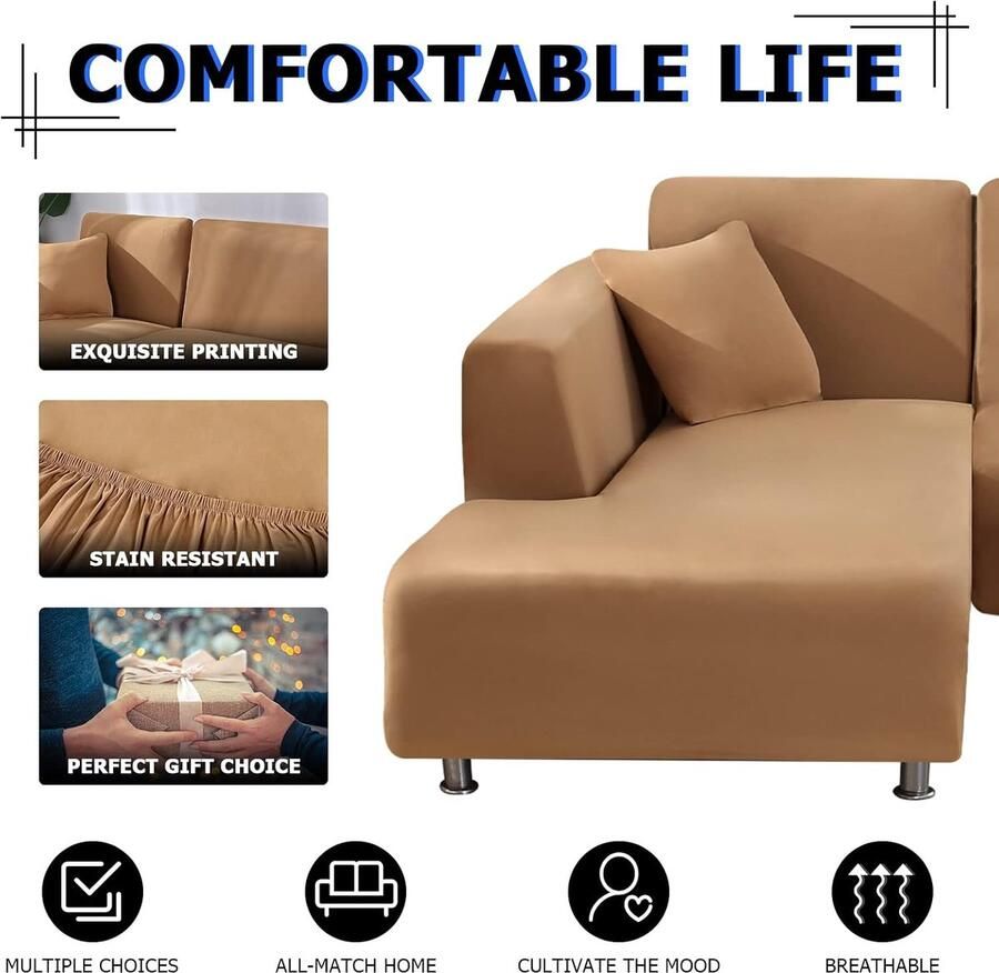 Elastische bankhoes met schiereiland links rechts universeel met 2 kussenslopen bankovertrek voor schiereiland L-vorm chaise longue bankhoes (3-zits + 4-zits camel)