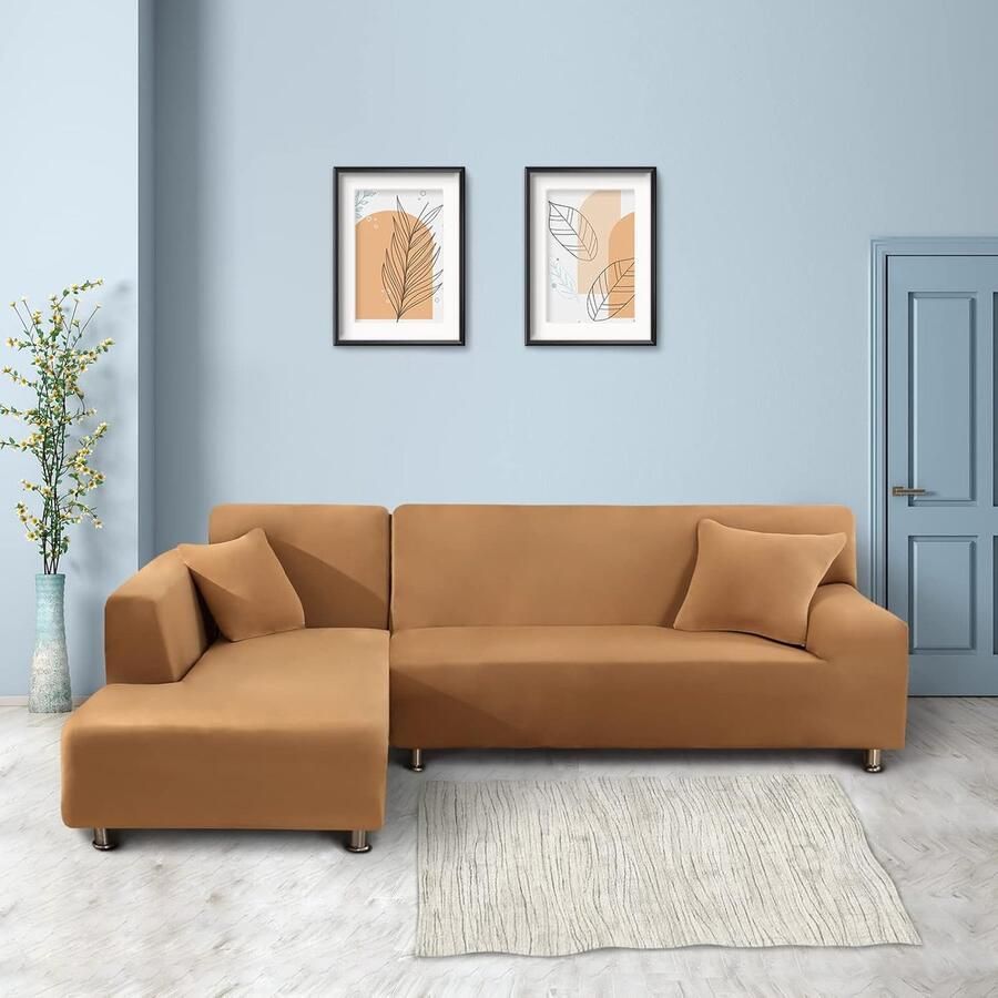 Elastische bankhoes met schiereiland links rechts universeel met 2 kussenslopen bankovertrek voor schiereiland L-vorm chaise longue bankhoes (3-zits + 4-zits camel) - Foto 2