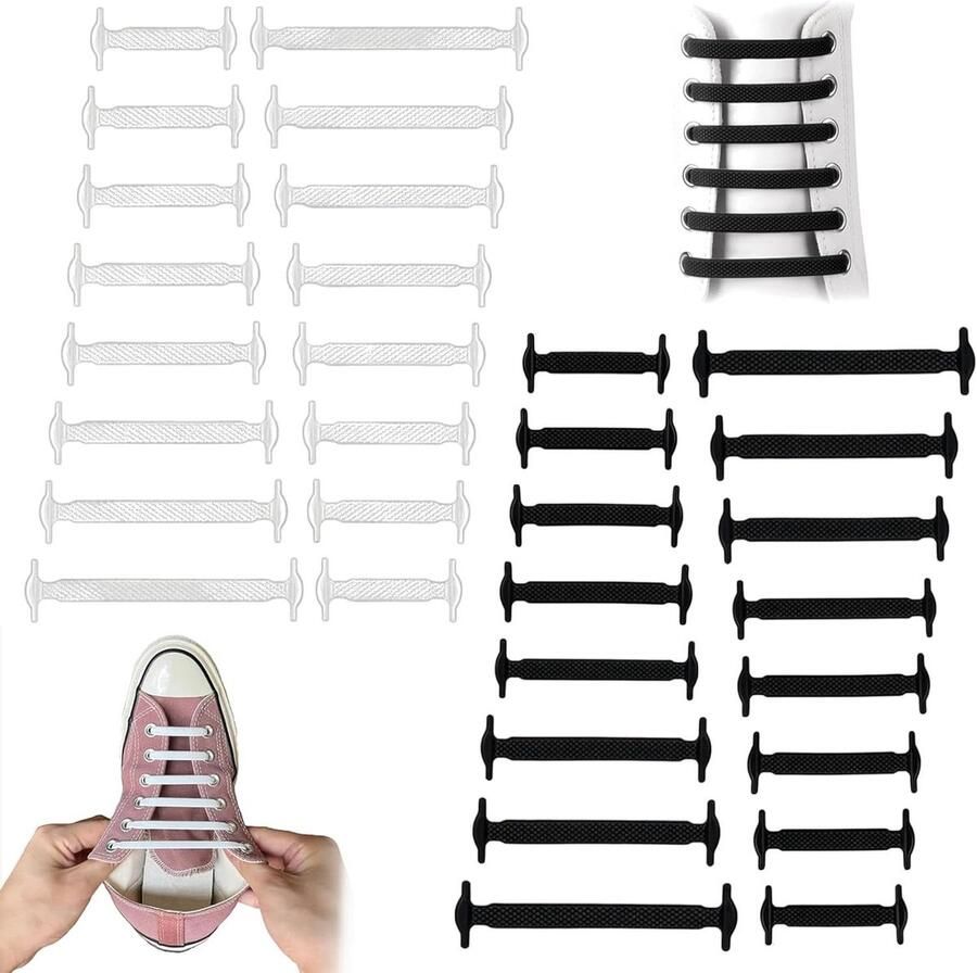 Elastische Schoenveters Veters zonder strikken Snel schoenen aan Waterdicht plat ontwerp 2 paar Wit zwart