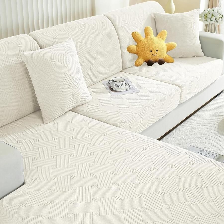 Elastische Sofa Stoelhoes Universele Sofa Kussenhoes Sofa Zitkussen Hoezen Hoes Voor Bankkussens Sofa Kussenhoezen Meubelbeschermer Hond (Chaiselongue+1 Plaats*3 Roomwit)