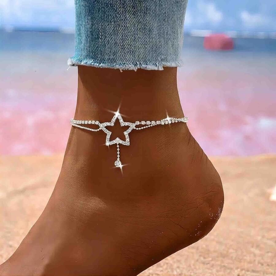 Elegante Boho Laagjes Enkelband met Sprankelende Sterren en Kristallen voor Bruiloften Perfect voor Barefoot Sandalen en Delicate Kettingen voor Vrouwen
