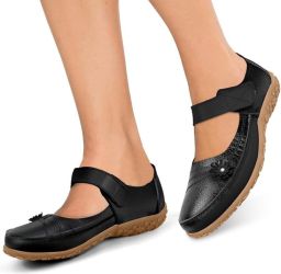 Elegante Dames Ballerina's met Klittenband Comfortabele Leren Loafers voor Dagelijks Gebruik in