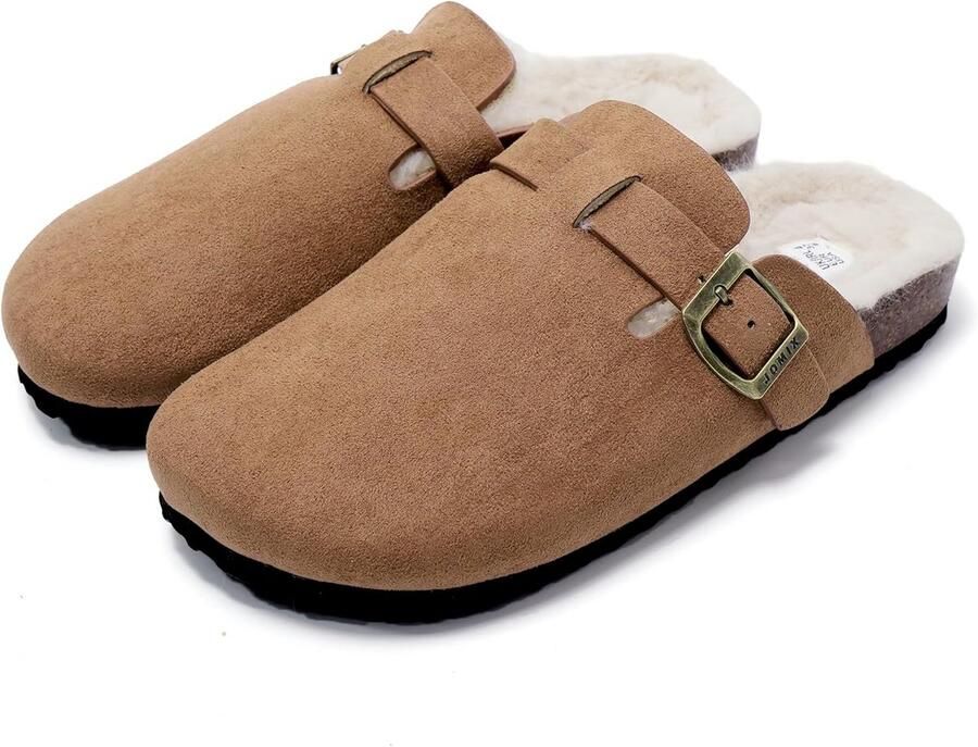 Elegante Dames Muiltjes met Gesp Warme Pluche Pantoffels met Antislip Kurken Zool voor Buiten