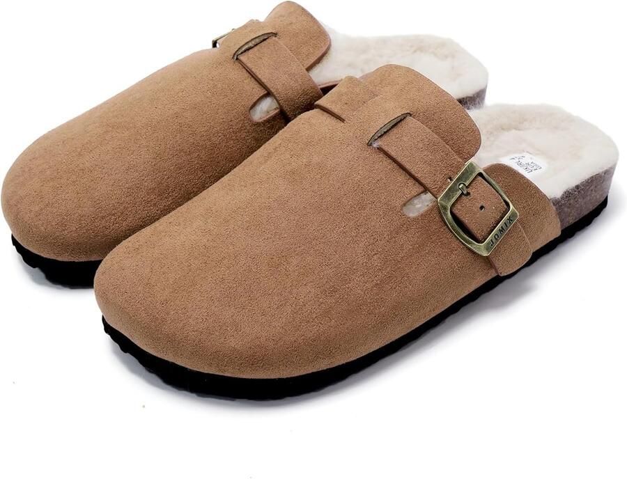 Elegante Dames Muiltjes met Gesp Warme Pluche Pantoffels met Antislip Kurken Zool voor Buiten