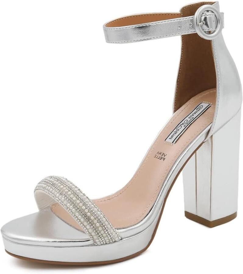 Elegante Dames Sandalen met Diamantjes en Blokhak Zilver Zwart