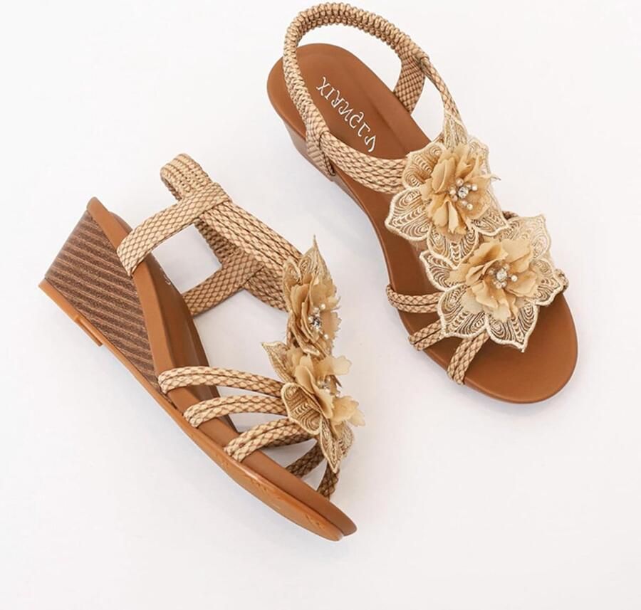 Elegante Dames Sandalen met Lage Wedge Hak en Bloemenprint voor de Zomer T-Bar Slingback Design