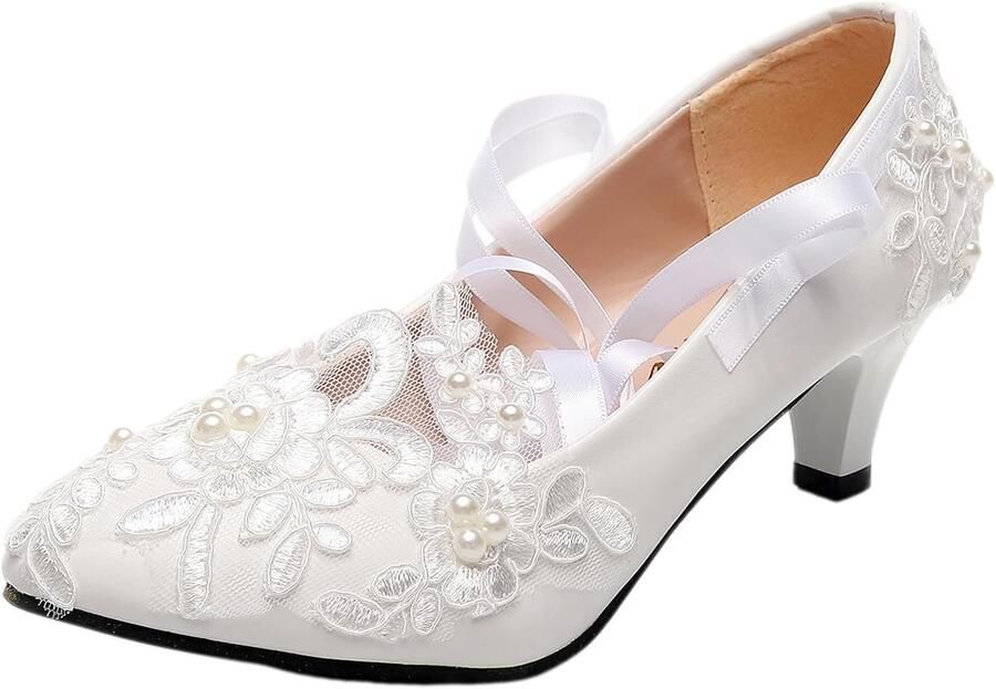 Elegante kant borduurwerk plat hakken witte bruiloft schoenen pumps met parels