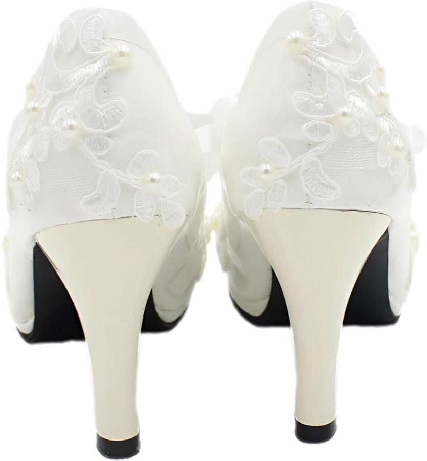 Elegante kant borduurwerk plat hakken witte bruiloft schoenen pumps met parels