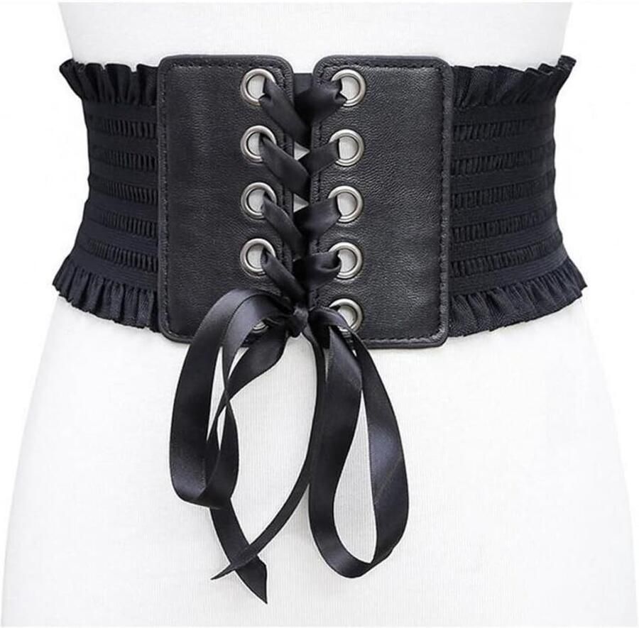 Elegante Leren Laarzen met Veters voor Dames Brede Tailleband Elastische Corset Cincher Zwart One Size Perfect voor Feestjes en Casual Outfits