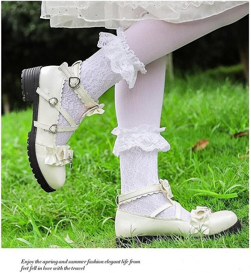 Lace Pumps met Strik en Hakken voor Dames Kawaii Cosplay Schoenen in Sweet Style met Blokhak en Cross Strap