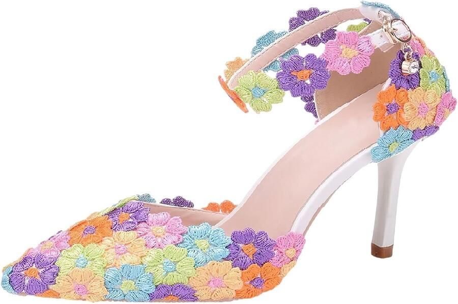 Elegante puntige teen stiletto hak enkelband pumps bloemen kant parels bruidsschoenen
