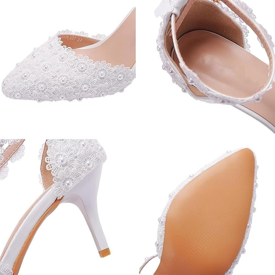 Elegante puntige teen stiletto hak enkelband pumps bloemen kant parels bruidsschoenen