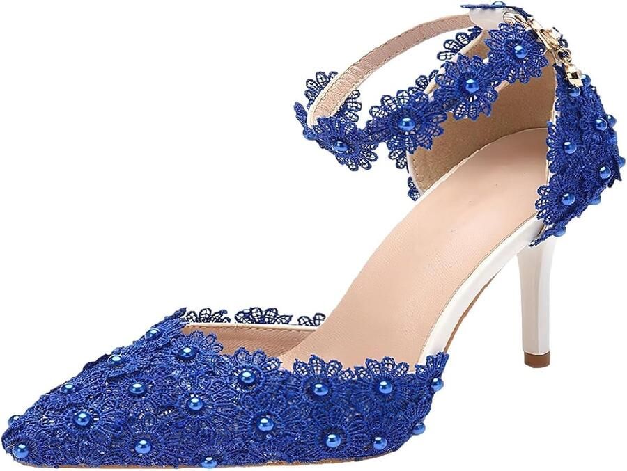 Elegante puntige teen stiletto hak enkelband pumps bloemen kant parels bruidsschoenen