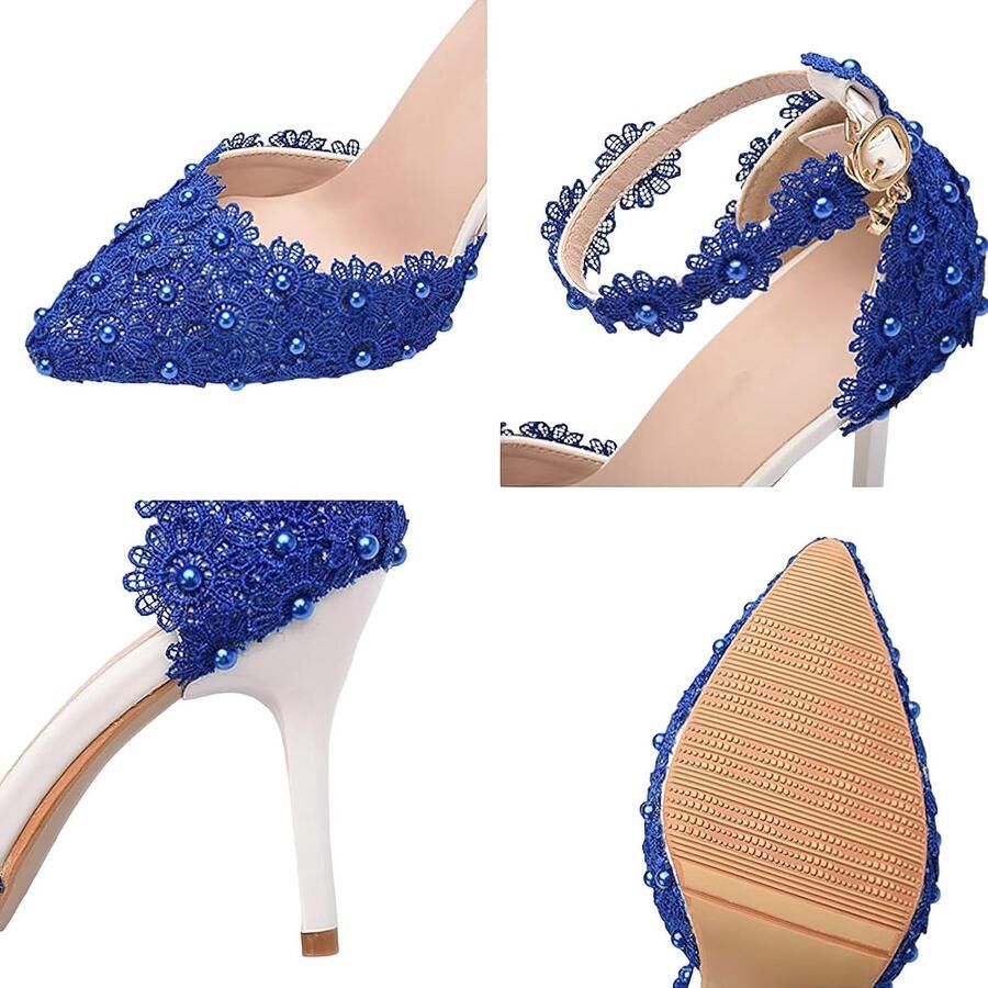 Elegante puntige teen stiletto hak enkelband pumps bloemen kant parels bruidsschoenen
