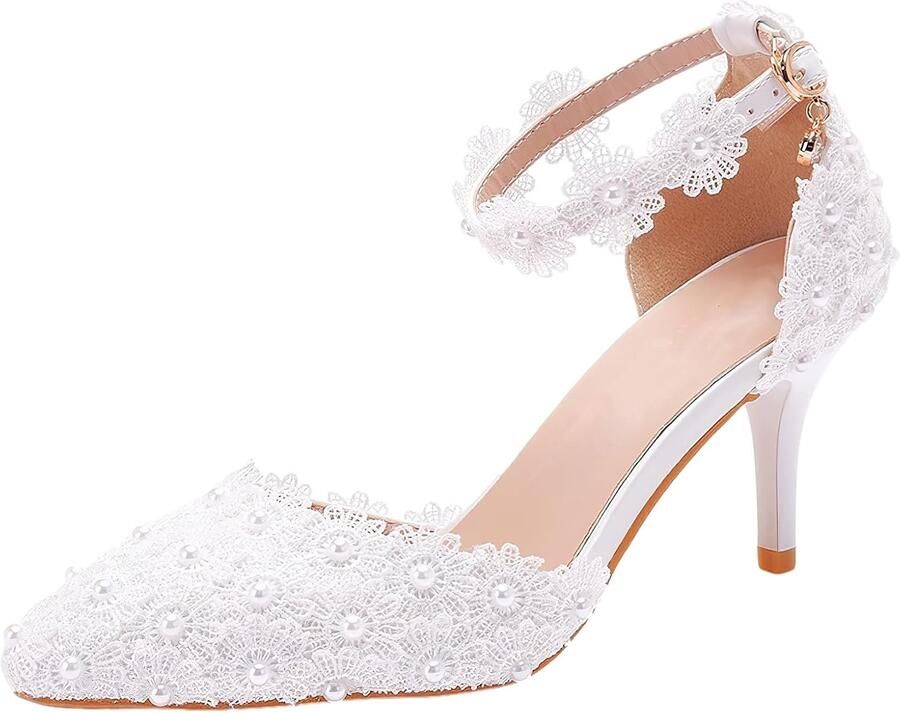 Elegante puntige teen stiletto hak enkelband pumps bloemen kant parels bruidsschoenen