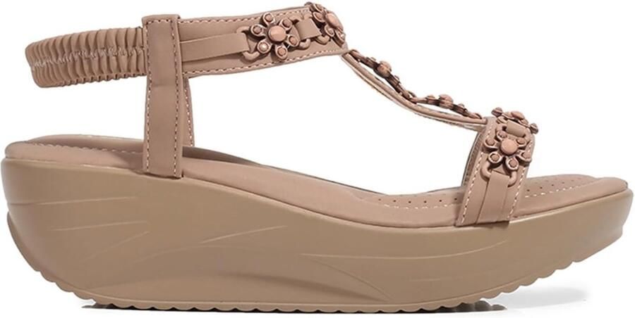 Elegante Wedge Sandalen voor Dames met Bloemen T-Bar en Elastische Slingback Verkrijgbaar in Maten