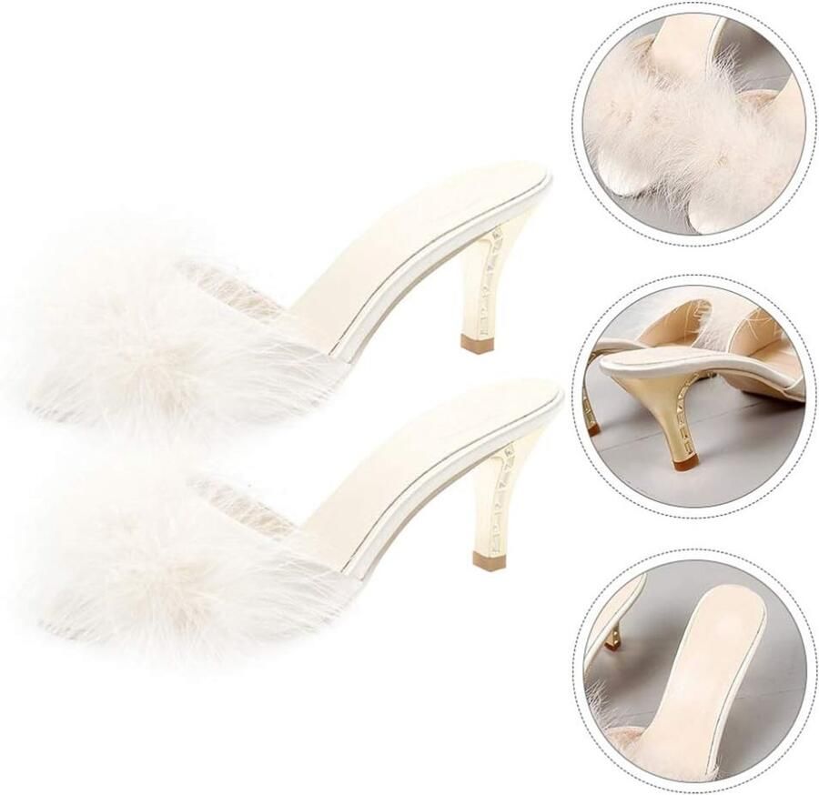 Elegante Witte Faux Fur Sandalen voor Dames met Open Hiel en Lage Hakken Comfortabele Mules voor Zomer en Feestjes