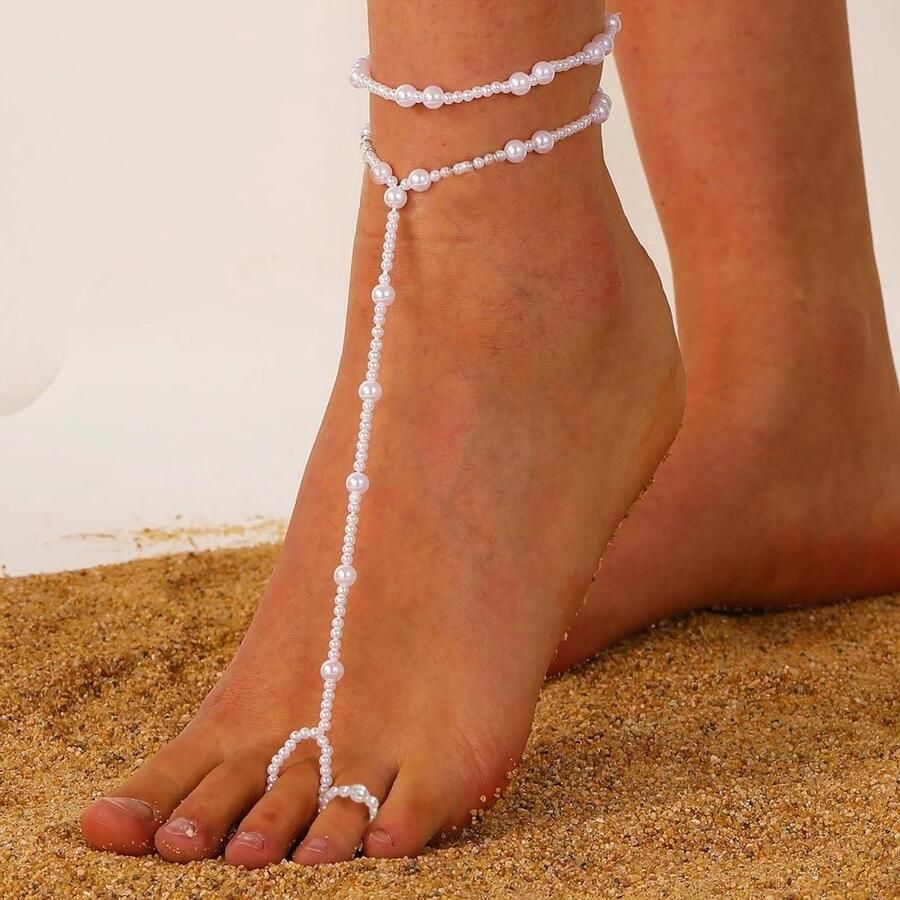 Elegante Witte Parels Sandalen voor de Voeten Zomer Enkelband Trouwring en Voetketting voor Dames Perfect voor Feestjes en Stranduitjes