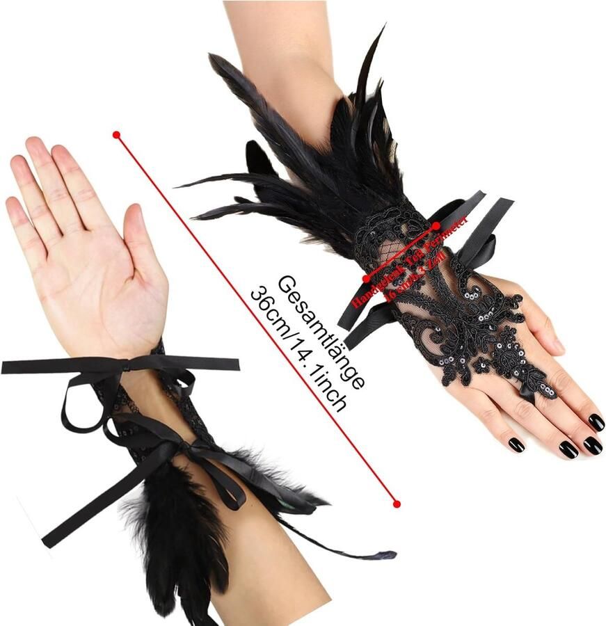 Elegante Zwarte Vintage Vingervrije Laarzen met Veren Lange Gothische Net Handschoenen voor Dames Perfect voor Lente en Feestjes