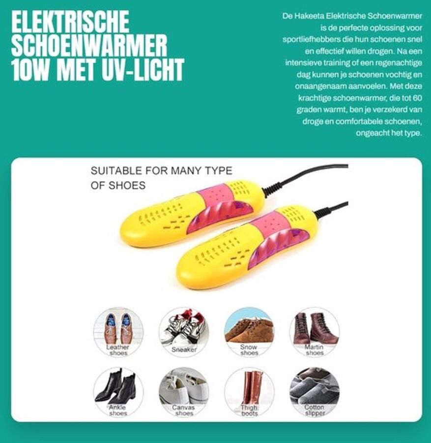 Elektrische Schoenwarmer 10W met UV-Licht Voor Voetbalschoenen en Ski's Ideaal voor Koude Dagen Snelle Verwarming Veilig en Eff