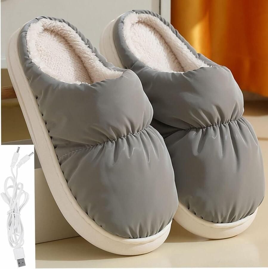 Elektrische Verwarmde Slippers met USB Aansluiting Pluche Zacht Interieur en Antislip Onderkant voor Thuis of Auto (Grijs)