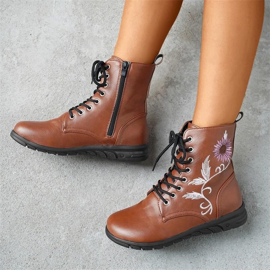 Elzusha Combat Boot voor Dames met Bloemenborduurwerk Kunstleer