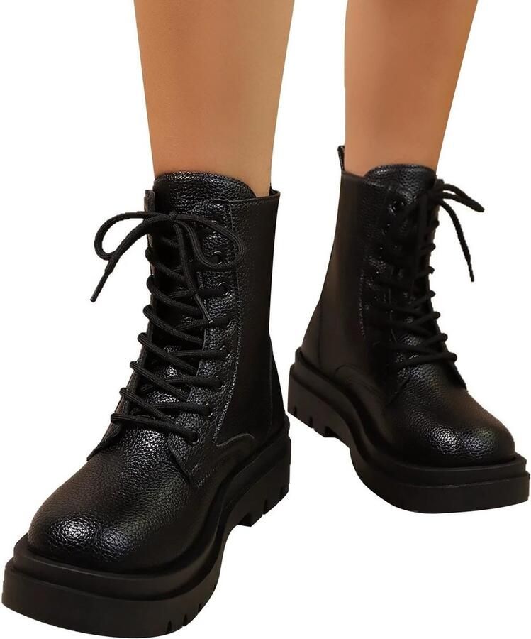 Elzusha Dames Lace Up Platform Combat Enkellaarzen Zwart