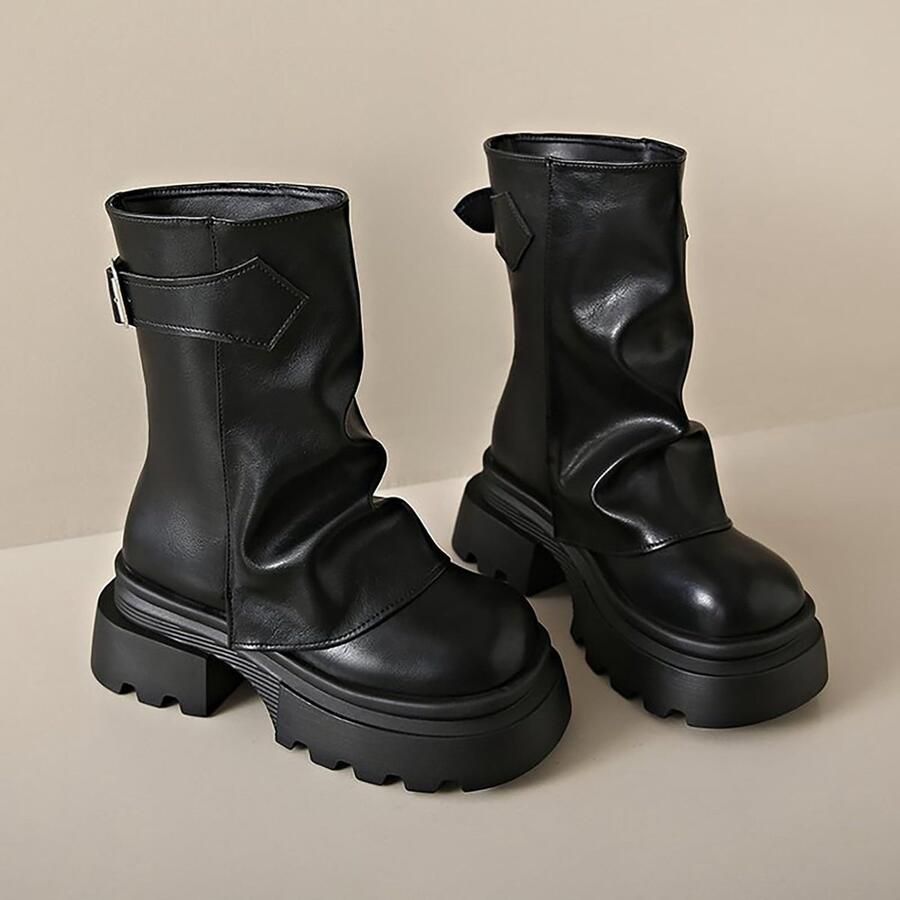 Elzusha Dames Moto Enkellaarzen Faux Leer met Chunky Platform