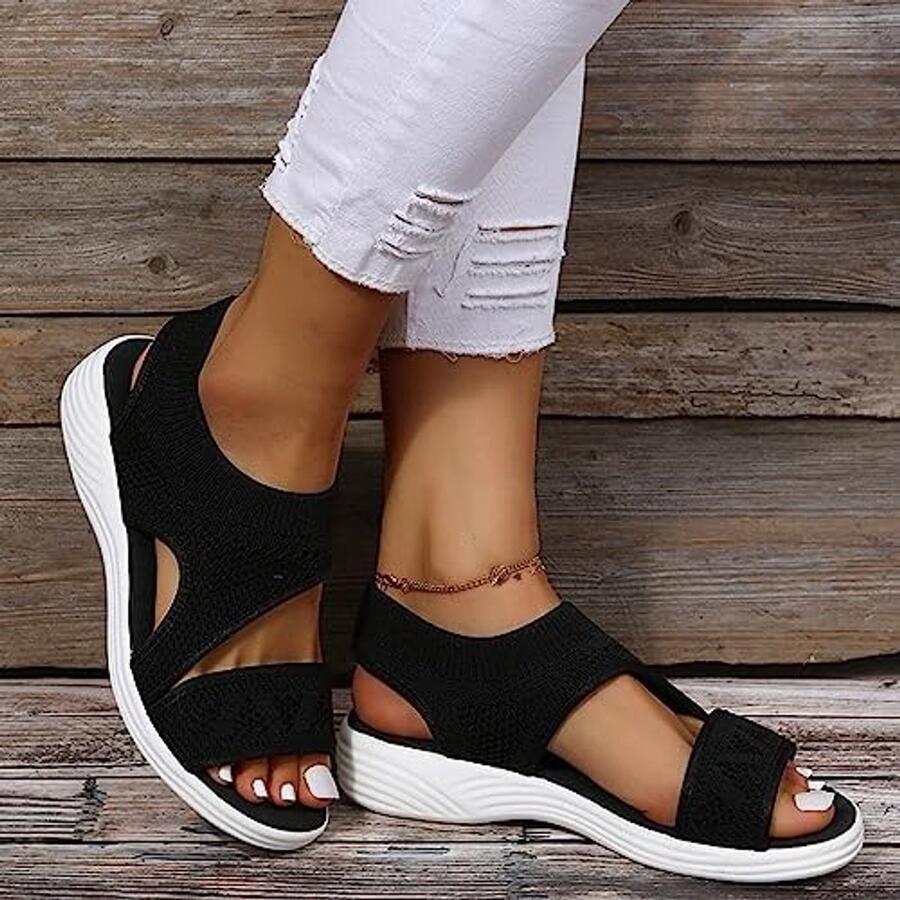 Elzusha Dames sandalen Ademend mesh met platte zool Zwart