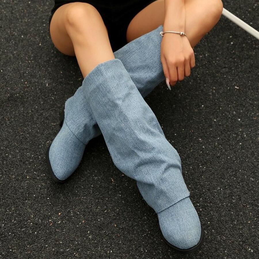 Elzusha Dames Slouch Knie Hoge Laarzen met Blokhak